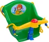 A green plastic baby swing with yellow and red safety bar, and blue straps, set against a white background. Náhľad obrázku produktu