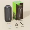 A product shot of a portable wireless speaker and its packaging, along with accessories. Produktbild-Vorschau