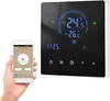 A hand holding a smartphone displaying a thermostat app next to a digital thermostat mounted on a wall. Náhled obrázku produktu