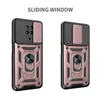 Two views of a rose gold and black smartphone case with a sliding camera cover and a ring holder. Produktbild-Vorschau