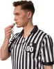 A man wearing a referee shirt and blowing a whistle. Produktbild-Vorschau