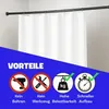 A shower curtain rod with a white shower curtain hanging from it, with marketing text and icons below. Produktbild-Vorschau