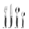 A set of four cutlery pieces (fork, knife, large spoon, small spoon) arranged in a line against a white background. Anteprima dell’immagine prodotto