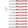 Multiple white paint markers with red and blue branding are arranged vertically against a white background. One marker cap is detached and lying to the side, with a white paint stroke emanating from a marker tip. Produktbild-Vorschau