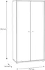 A line drawing of a two-door cabinet with dimensions indicated. Voir les images du produit