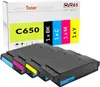 A box of OBV laser toner cartridges for an OKI C650 printer, with the cartridges themselves displayed in the foreground. Produktbild-Vorschau