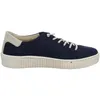 A side view of a navy blue sneaker with a beige heel accent and a thick, textured white sole. Produktbild-Vorschau
