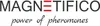 The image displays the brand name 'MAGNETIFICO' in large, bold, black letters with red horizontal lines within the 'E'. Below this, in a script font, it says 'power of pheromones'. Anteprima dell’immagine prodotto