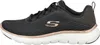 Side view of a black Skechers sneaker with rose gold accents. Voir les images du produit
