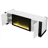 A white media console with a black frame and a digital fireplace, shown from an elevated, angled front-left view. Voir les images du produit