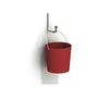 A red bucket hangs from a silver wall hook against a white background. Produktbild-Vorschau