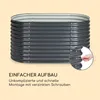 A dark gray metal raised garden bed is shown with a close-up inset demonstrating assembly. Produktbild-Vorschau
