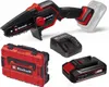 A collage of a cordless chainsaw kit, including the chainsaw, charger, battery, and case. Produktbild-Vorschau