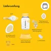 A flat lay of various components of a Medela Harmony hand pump against a yellow background, with text labels for each part. Podgląd zdjęcia produktu