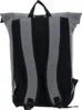 The back view of a gray and black roll-top rucksack is shown against a white background. Produktbild-Vorschau