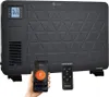 A black electric heater is shown with a smartphone and a remote control in front of it. The smartphone displays a heating app interface.