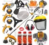 A collection of garden tools and accessories, including a brush cutter, safety gear, and fuel bottles, laid out on a white background. Produktbild-Vorschau