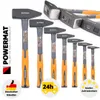 A collection of Powermat hammers of various sizes, along with marketing badges. Náhled obrázku produktu