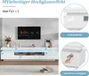 A white TV lowboard with LED lighting, a television on the wall above it, and decorative items on the board. Close-up insets show protective film and cleaning. Podgląd zdjęcia produktu
