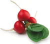 A close-up studio shot of three red radishes with green leaves tied together with a rubber band and a string. Produktbild-Vorschau