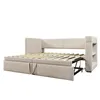 A beige sofa bed with its mattress frame extended. Podgląd zdjęcia produktu