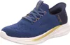 A blue Skechers slip-in sneaker with gold accents and a white sole, shown from a side-front angle against a white background. Voir les images du produit