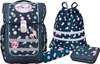 A collection of school supplies including a backpack, drawstring bag, pencil case, and a flat pencil case, all featuring a navy blue background with colorful polka dots and unicorn/rainbow motifs. Voir les images du produit