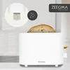 A white toaster with a slice of bread in it, set against a light gray and white background. A circular inset shows a close-up of the toaster's crumb tray. Anteprima dell’immagine prodotto