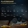 Diagrams and images showing the dimensions and space requirements of a dumbbell set, with a photo of the actual dumbbells in the foreground. Produktbild-Vorschau