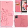A collage of images showing a pink phone case with a floral and butterfly design, including a view of the case open with cards and money inserted, and a view of the back of the case with a phone inserted. Produktbild-Vorschau