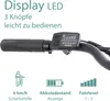 Close-up of an e-bike handlebar with a digital display and icons indicating features. Voir les images du produit
