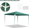 A green gazebo tent with silver poles, shown from a low angle. A close-up of the corner joint is visible in the top left. Several stakes and ties are shown in the top right. Produktbild-Vorschau