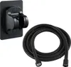 A black shower head holder and a black shower hose are displayed against a white background. Produktbild-Vorschau