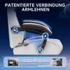 Close-up of a gaming chair's armrest mechanism, with diagrams and text highlighting its patented connection and synchronized movement with the backrest. Náhled obrázku produktu