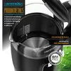 Close-up of a glass and stainless steel electric kettle with product feature callouts. Produktbild-Vorschau