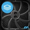 Close-up of the interior of an air fryer basket with a blue circular overlay containing a stacking icon. Produktbild-Vorschau