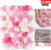 A collage of images showing artificial flower wall panels, a woman in a wedding dress next to a flower wall, and a close-up of the back of a flower panel. Produktbild-Vorschau