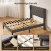 A collage of images showing a bed frame with upholstered headboard and close-ups of its features. Náhled obrázku produktu