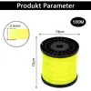 A spool of yellow trimmer line with dimensions indicated. Voir les images du produit