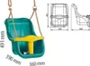 A diagram showing the dimensions of a baby swing seat, alongside a picture of the actual swing seat. Produktbild-Vorschau