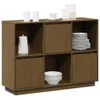 A wooden sideboard with multiple compartments, some open and some with doors, displaying kitchenware and decorative items. Náhled obrázku produktu