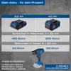A marketing image comparing two battery capacities for a cordless drill, showing performance metrics for each. Produktbild-Vorschau