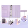 A flat lay of an open purple binder with several close-up insets showing its features. Voir les images du produit