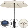 A cream-colored patio umbrella with LED lights, a solar panel base, and a crank mechanism is shown against a white background. Close-up insets highlight the solar panel, the crank mechanism with a red indicator, and the underside of the umbrella showing th Produktbild-Vorschau
