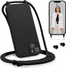 A black phone case with a lanyard is shown, with a smaller inset image of a person wearing a similar phone case around their neck. Produktbild-Vorschau