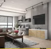 A modern living room with a sofa, coffee table, and a media console with a TV. Produktbild-Vorschau