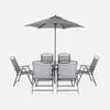 A garden dining set with a table, six chairs, and an umbrella, presented on a plain white background. Anteprima dell’immagine prodotto