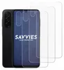 A black smartphone is shown next to three clear screen protectors. Produktbild-Vorschau