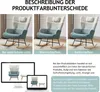 Three images of a rocking chair under different lighting conditions, with additional images of the chair on screens and descriptive text. Produktbild-Vorschau