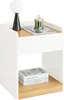 A white and wood-tone nightstand with a lamp and a candle on top, and books on the shelf below. Produktbild-Vorschau